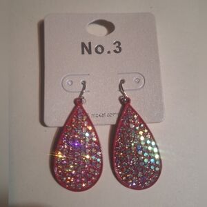 Red And Rhinestone Bling Pierced Dangle Earrings Lightweight Metal NIP